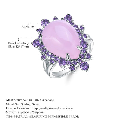 Natural Pink Calcedony Gemstone Ring 925 Sterling Silver Vintage Halo Cocktail  Rings for Women Fine Jewelry