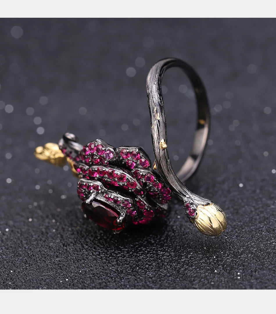 tNatural Rhodolite Garne Rose Flower Ring 95 Sterling Silver Handmade Adjustable Open Ring for Women Bijoux