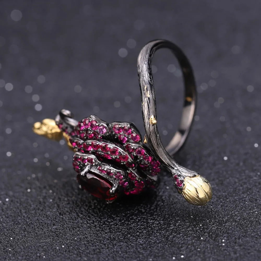 tNatural Rhodolite Garne Rose Flower Ring 95 Sterling Silver Handmade Adjustable Open Ring for Women Bijoux