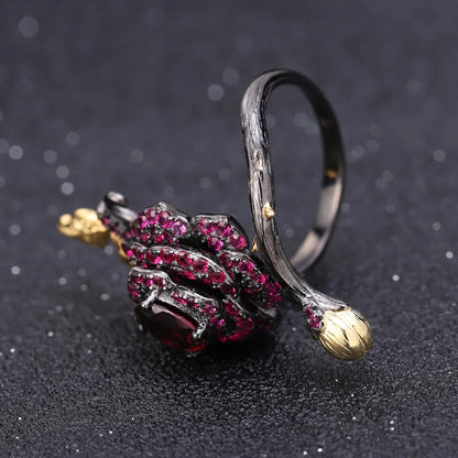 tNatural Rhodolite Garne Rose Flower Ring 95 Sterling Silver Handmade Adjustable Open Ring for Women Bijoux