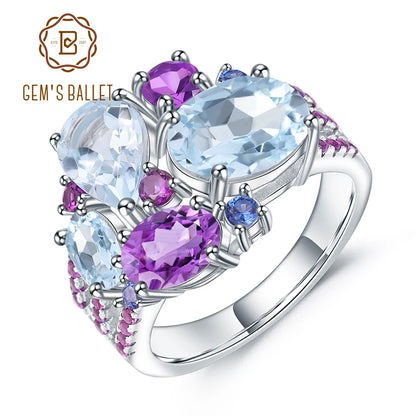 Natural Sky Blue Topaz Amethyst Rings Fine Jewelry 925 Sterling Silver Gemstone Candy Ring for Women Bijoux