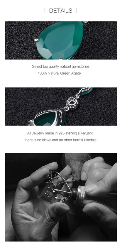 Sterling Silver Vintage Jewelry Natural Green Agate Gemstone Pendant Necklace for Women Wedding Fine Jewelry