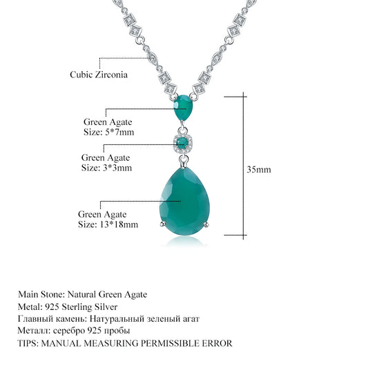 Sterling Silver Vintage Jewelry Natural Green Agate Gemstone Pendant Necklace for Women Wedding Fine Jewelry