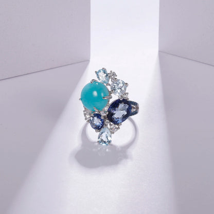 Sterling Silver Statement Rings Natural Amazonyte Blue Topaz Gemstone Candy Ring for Women Fine Jewelry