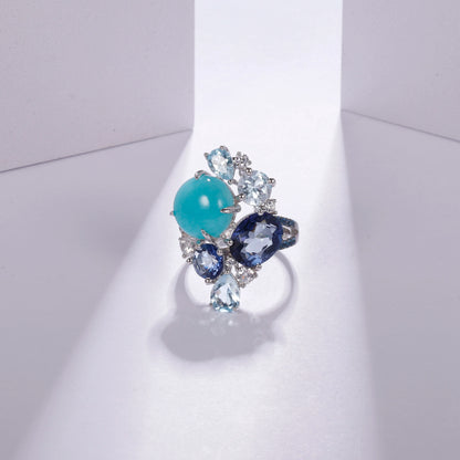Sterling Silver Statement Rings Natural Amazonyte Blue Topaz Gemstone Candy Ring for Women Fine Jewelry