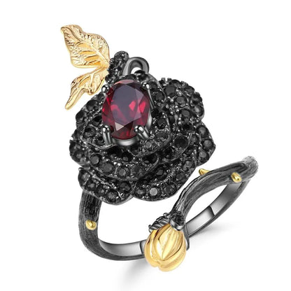 tNatural Rhodolite Garne Rose Flower Ring 95 Sterling Silver Handmade Adjustable Open Ring for Women Bijoux