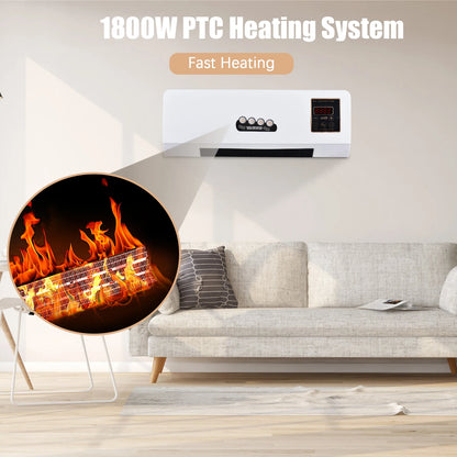 2-in-1 Heater and Fan Combo Timing Wall Mounted Electric Fan and Space Heater 1800W with Remote Control for Dormitory Home