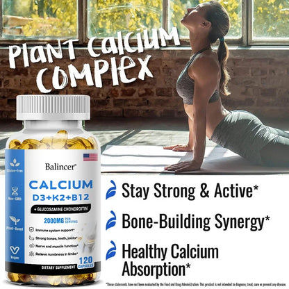 Calcium + D3 + K2 + B12 Capsules - Support Bone and Muscle Health, Replenish Joints