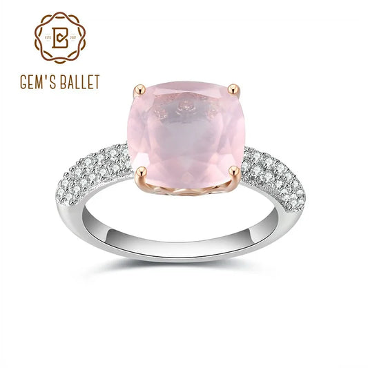 *10mm Cushion Natural Rose Quartz Statement Ring 925 Sterling Silver Gemstone Candy Rings For Women Fine Jewelry