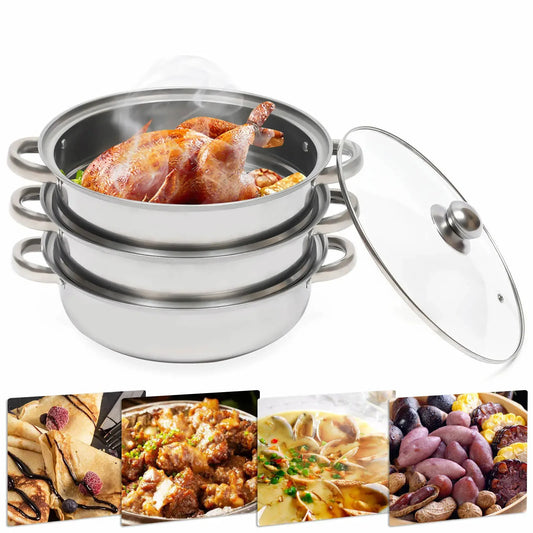 3-Tier Stainless Steel Steam Pot  with Glass Lid