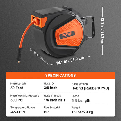 50 FT Retractable Air Hose Reel Wall-Mounted PVC Hose Automatic Rewinding Swivel Compressor for Automobile Maintenance