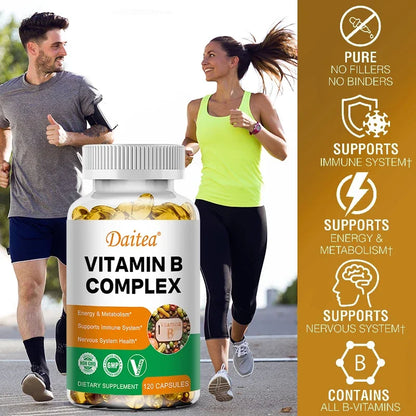 Vitamin B Complex Capsules - B12, B1, B2, B3, B5, B6, B7, B9, Folic Acid and Biotin - Reduce Stress, Boost Immunity