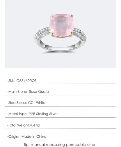 *10mm Cushion Natural Rose Quartz Statement Ring 925 Sterling Silver Gemstone Candy Rings For Women Fine Jewelry