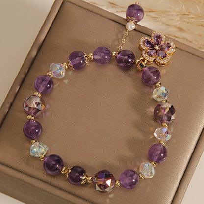 Natural Amethyst Bracelet for Women, Floral Boho Chic Crystal Beads Handmade Adjustable Student Gift, Minimalist Dainty Jewelry