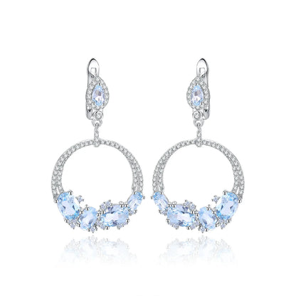 Luxury Topaz Jewelry Natural Sky Blue Topaz Statement Dangle Earrings 925 Sterling Silver Handmade Circle Earrings