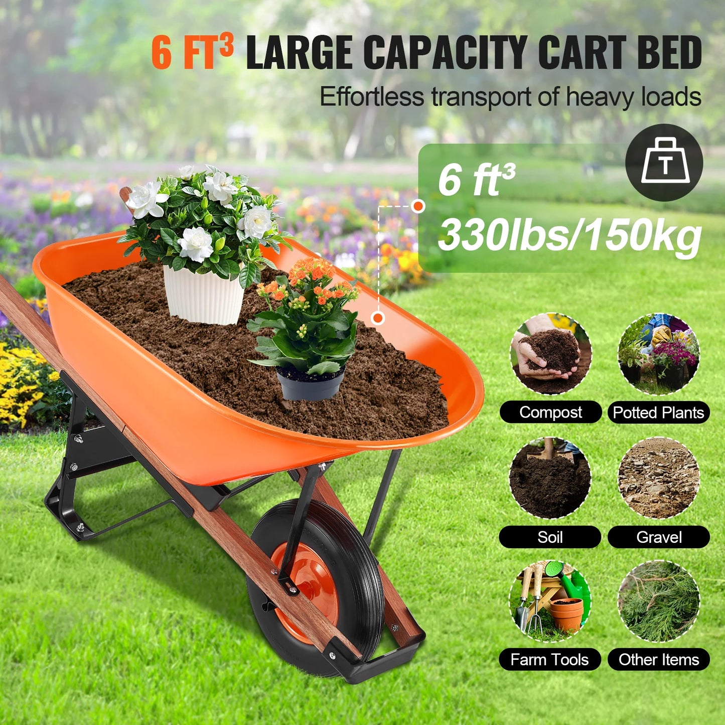 Wheelbarrow Cart 330lbs Capacity One Wheel Garden Dump Cart Wheel Barrow with Handle &  16"  Wide Track Wheels for Fa