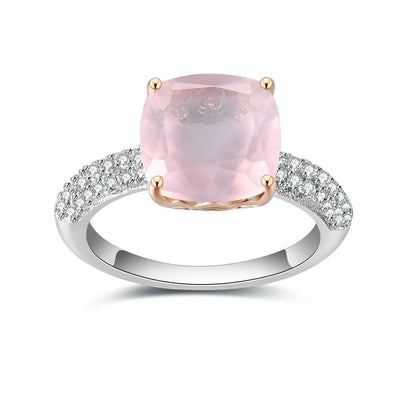 *10mm Cushion Natural Rose Quartz Statement Ring 925 Sterling Silver Gemstone Candy Rings For Women Fine Jewelry