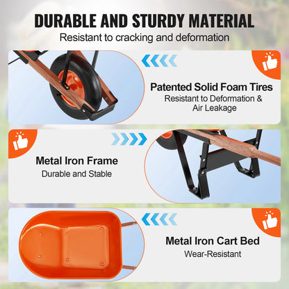 Wheelbarrow Cart 330lbs Capacity One Wheel Garden Dump Cart Wheel Barrow with Handle &  16"  Wide Track Wheels for Fa