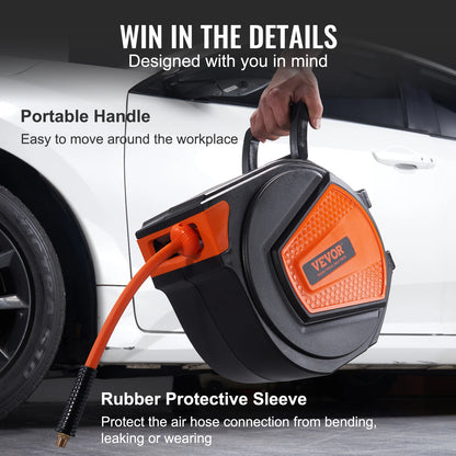 50 FT Retractable Air Hose Reel Wall-Mounted PVC Hose Automatic Rewinding Swivel Compressor for Automobile Maintenance