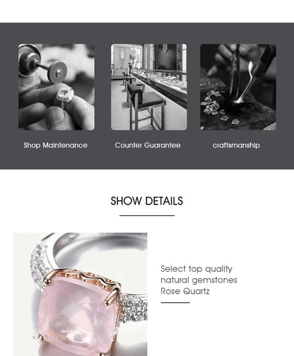 *10mm Cushion Natural Rose Quartz Statement Ring 925 Sterling Silver Gemstone Candy Rings For Women Fine Jewelry