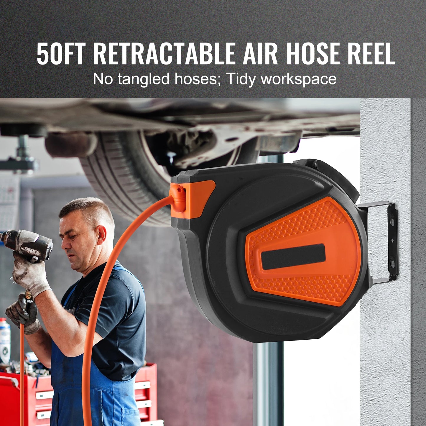 50 FT Retractable Air Hose Reel Wall-Mounted PVC Hose Automatic Rewinding Swivel Compressor for Automobile Maintenance