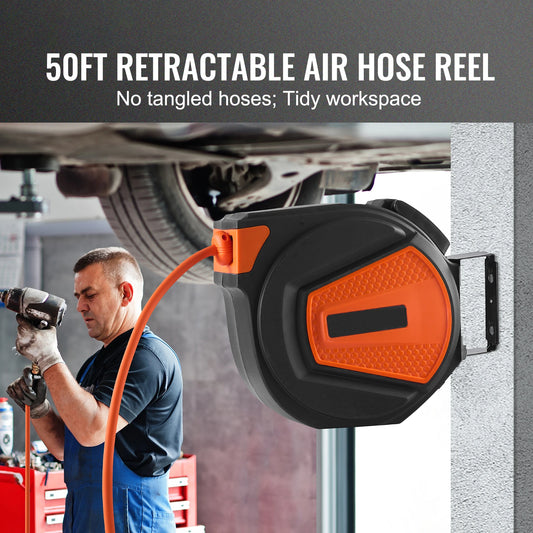 50 FT Retractable Air Hose Reel Wall-Mounted PVC Hose Automatic Rewinding Swivel Compressor for Automobile Maintenance