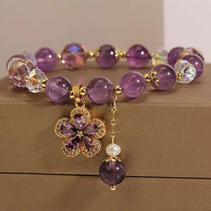 Natural Amethyst Bracelet for Women, Floral Boho Chic Crystal Beads Handmade Adjustable Student Gift, Minimalist Dainty Jewelry