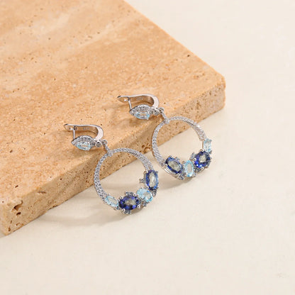 Luxury Topaz Jewelry Natural Sky Blue Topaz Statement Dangle Earrings 925 Sterling Silver Handmade Circle Earrings