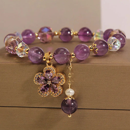 Natural Amethyst Bracelet for Women, Floral Boho Chic Crystal Beads Handmade Adjustable Student Gift, Minimalist Dainty Jewelry