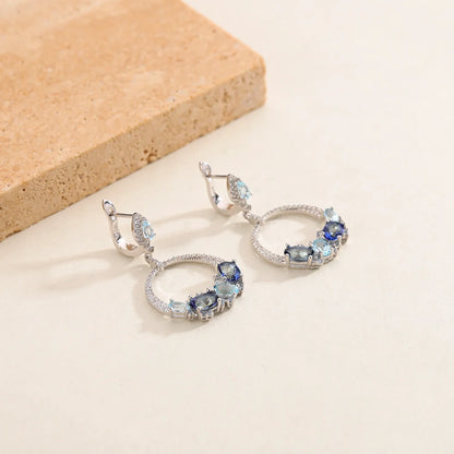 Luxury Topaz Jewelry Natural Sky Blue Topaz Statement Dangle Earrings 925 Sterling Silver Handmade Circle Earrings