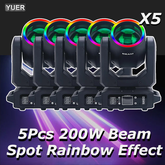 5Pcs 200W LED With Ring Beam Spot Moving Head Light With 18 Rotating Prism Rainbow Effect DMX512 Disco LightsParty CLub Stage