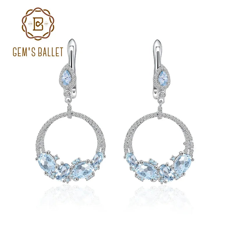 Luxury Topaz Jewelry Natural Sky Blue Topaz Statement Dangle Earrings 925 Sterling Silver Handmade Circle Earrings