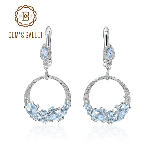 Luxury Topaz Jewelry Natural Sky Blue Topaz Statement Dangle Earrings 925 Sterling Silver Handmade Circle Earrings