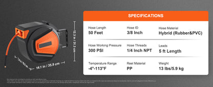 50 FT Retractable Air Hose Reel Wall-Mounted PVC Hose Automatic Rewinding Swivel Compressor for Automobile Maintenance