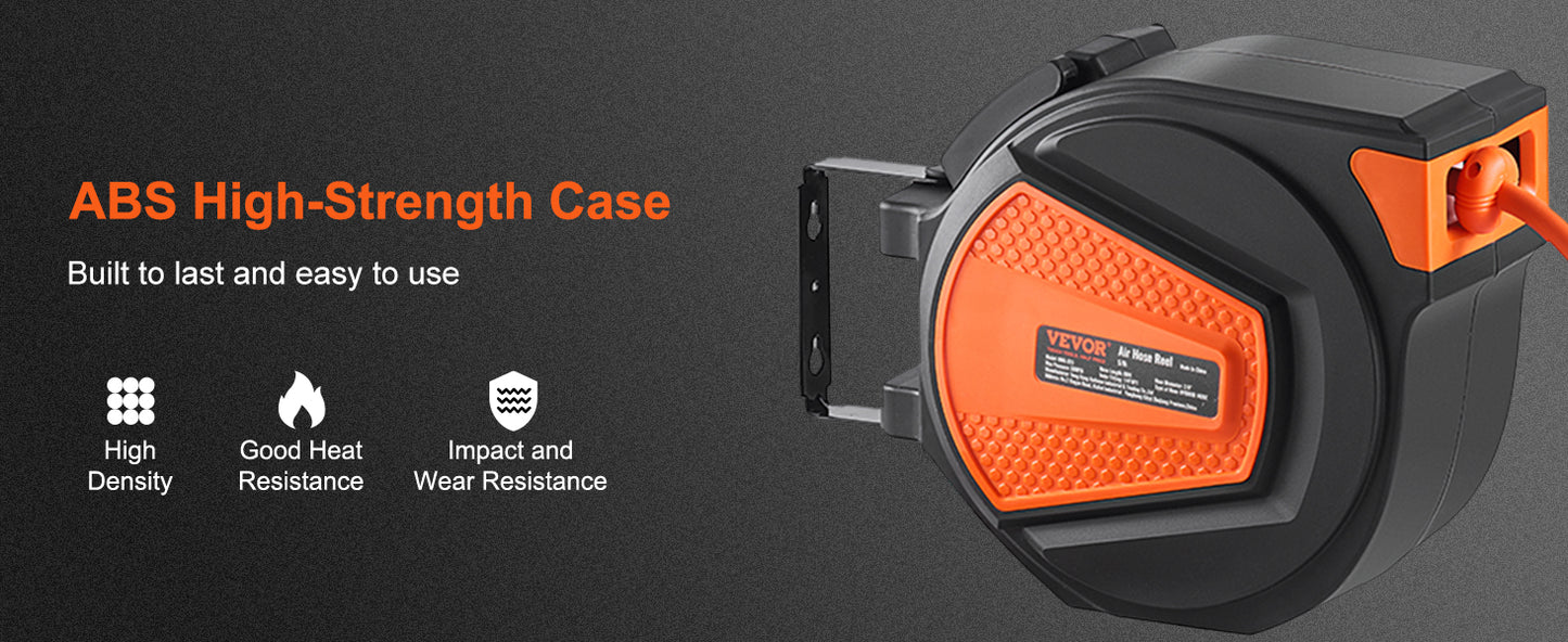 50 FT Retractable Air Hose Reel Wall-Mounted PVC Hose Automatic Rewinding Swivel Compressor for Automobile Maintenance