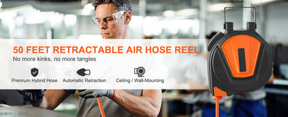 50 FT Retractable Air Hose Reel Wall-Mounted PVC Hose Automatic Rewinding Swivel Compressor for Automobile Maintenance